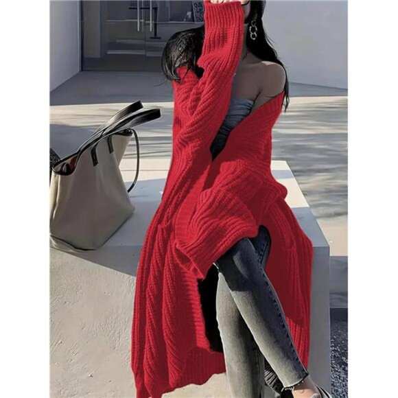 Womens Long Cardigan Sweaters Open Front Oversized Red - Picture 2 of 5